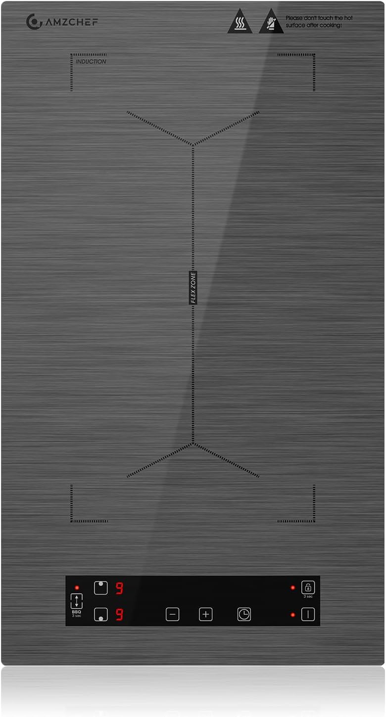 AMZCHEF Plaque de cuisson, 10 niveaux, acier inoxydable, 40 × 20 cm, 10 niveaux de puissance, 3300W, Plaque à induction 2 feux, Gris