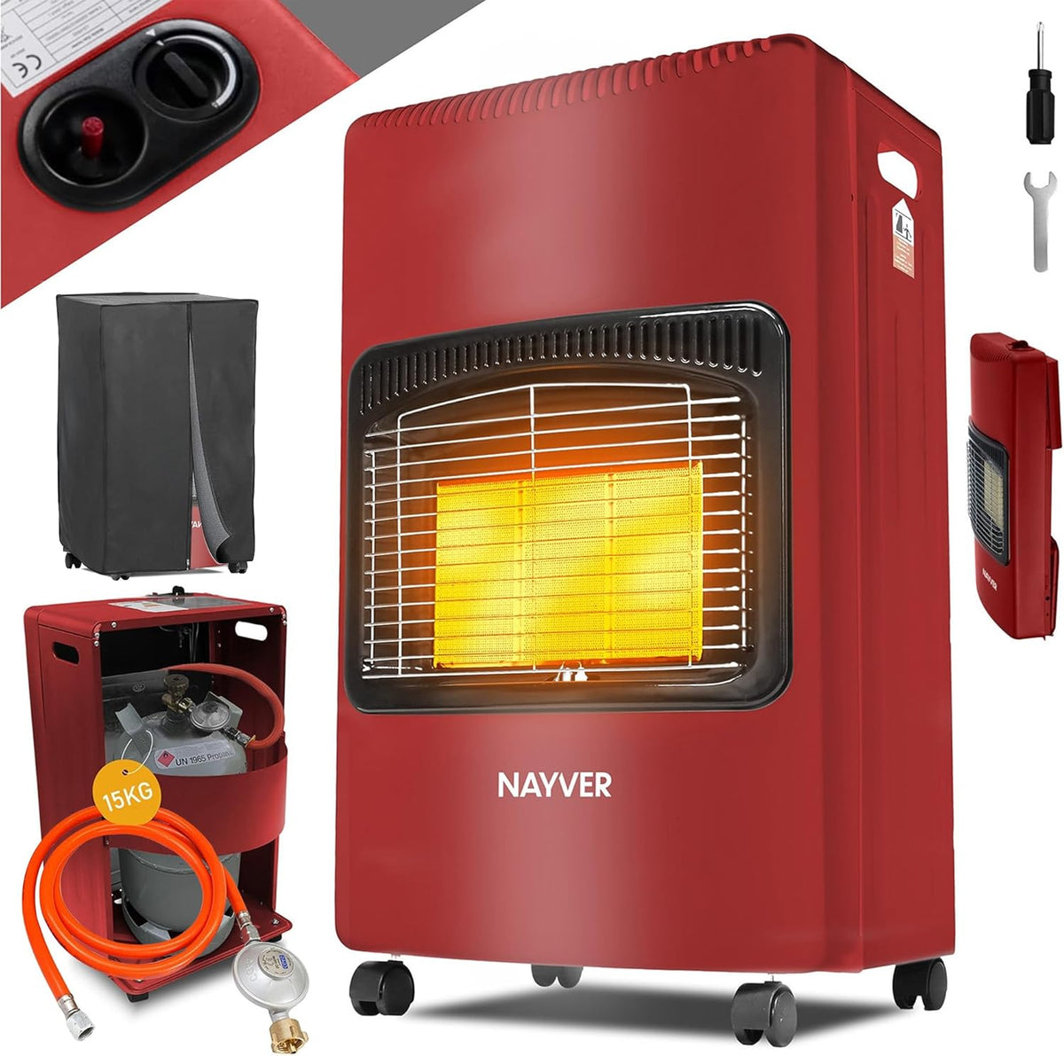 Chauffage au gaz, 4200 W, réglable, NAYVER, 15 kg, 1400 W, 2800 W, 3 niveaux, portable, tuyau à gaz, brûleur infrarouge en céramique