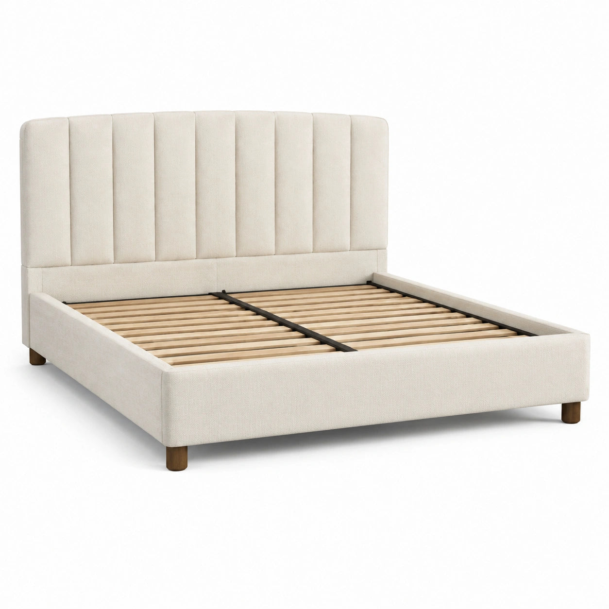 Lit en bois et tissu polyester beige avec tête de lit matelassée 140x200 cm