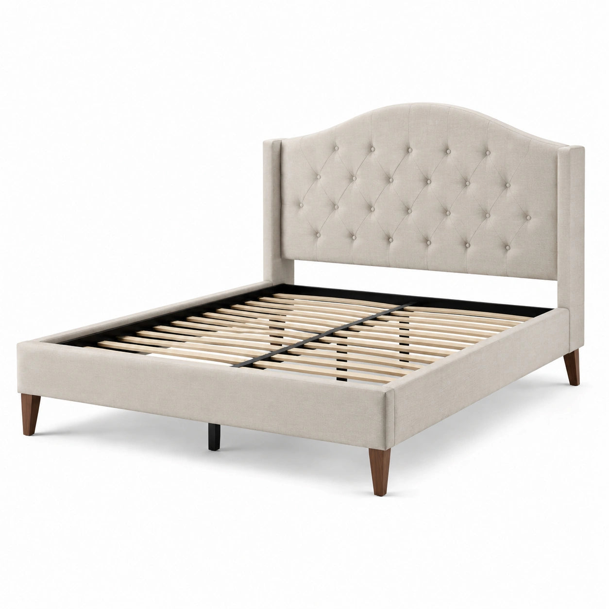 Lit en bois avec tête de lit en tissu beige