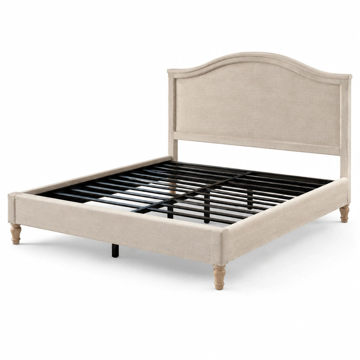 Lit double en tissu beige avec cadre en métal et pieds en bois