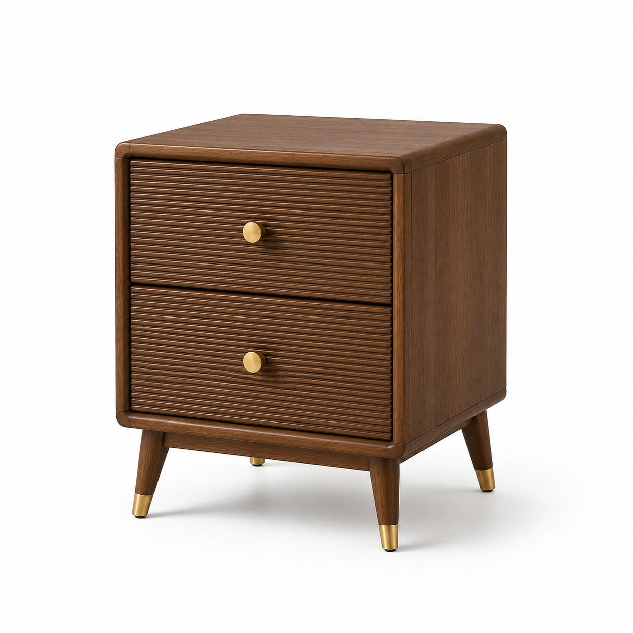 Table de chevet en bois avec 2 tiroirs et poignées dorées