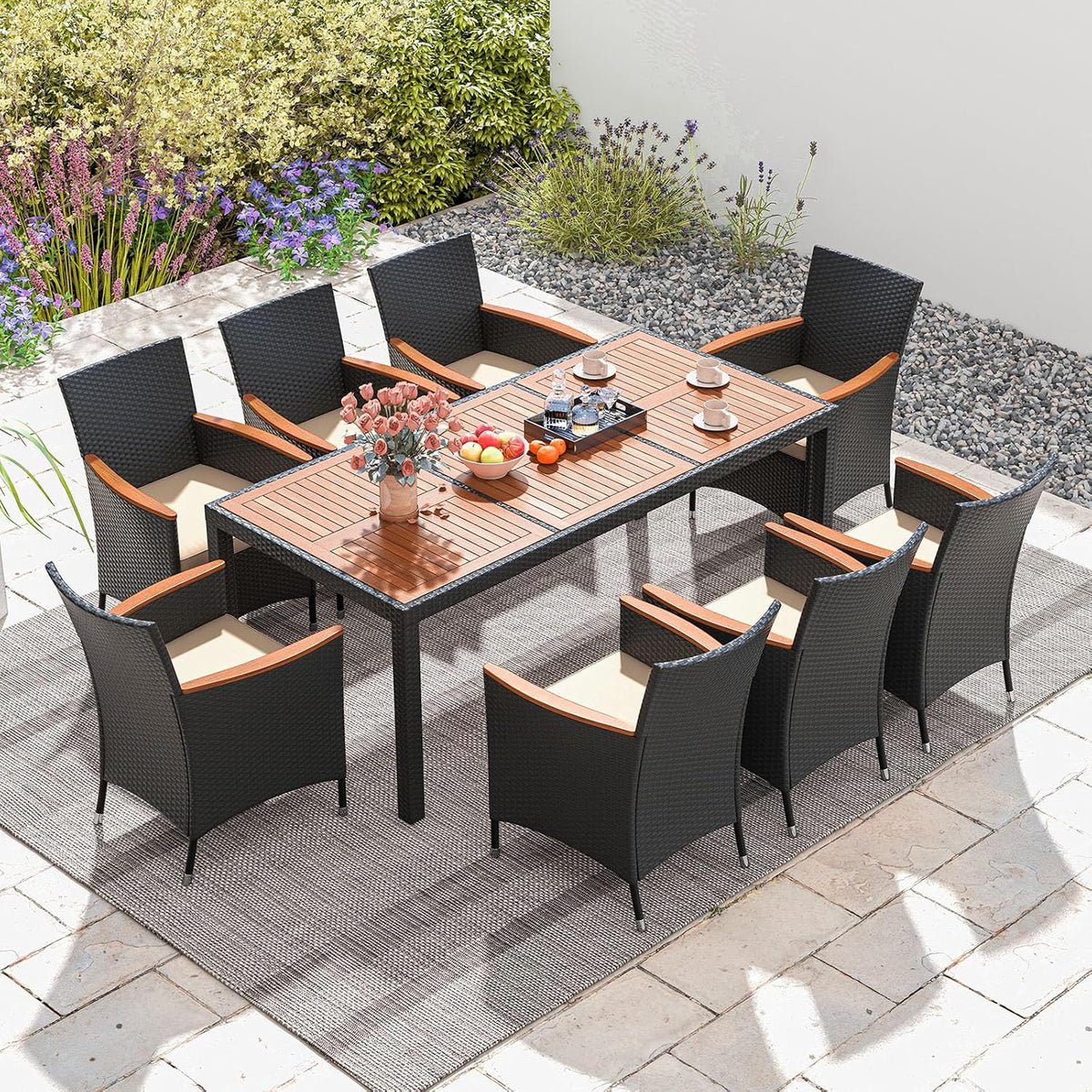 LIFEZEAL Salon de jardin, Table à Manger de Jardin Exterieur avec 8 Chaises en Rotin PE Noir