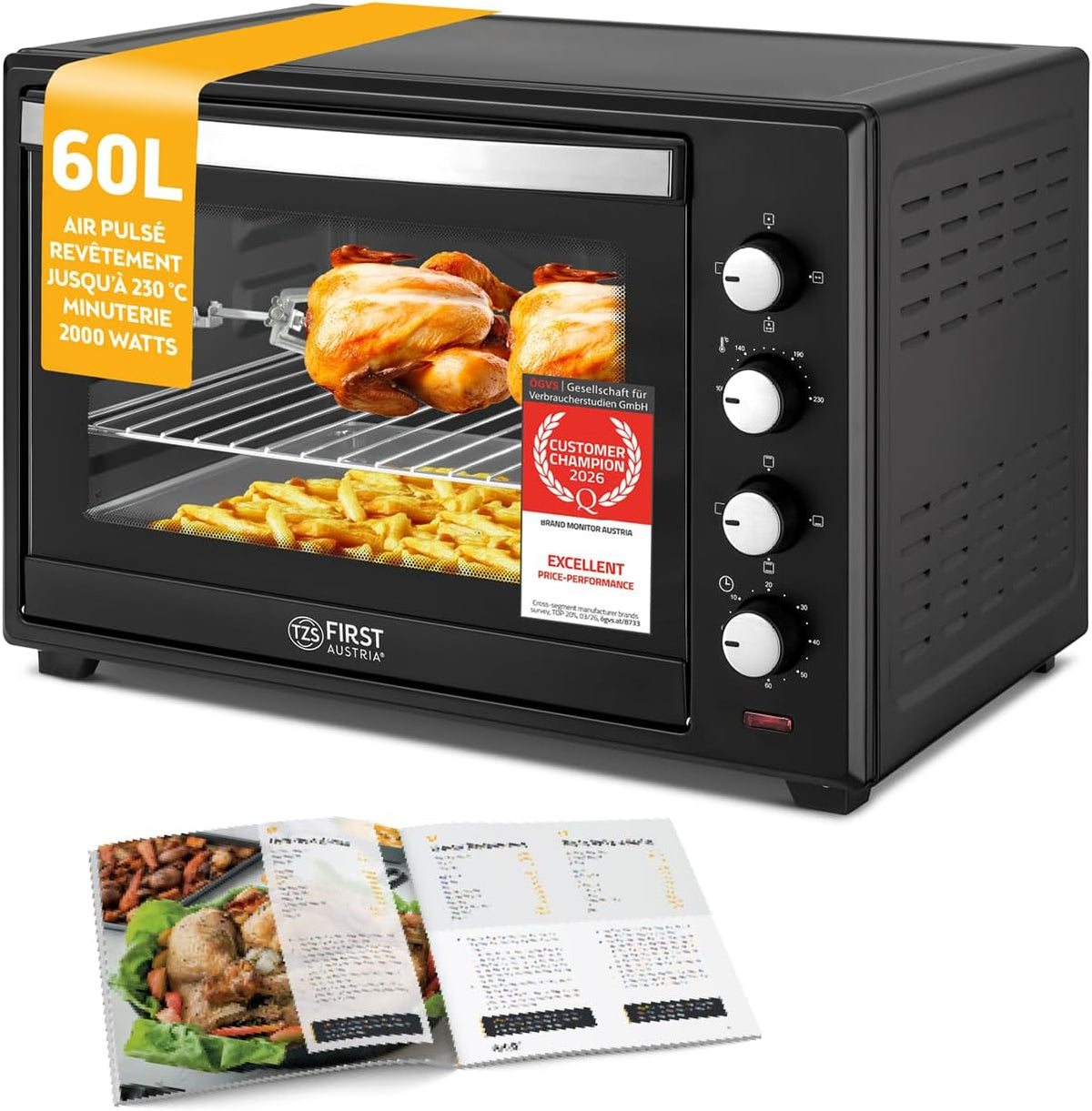 Mini-four, acier inoxydable, Four spacieux pour pizza avec température jusqu'à 230°C et 6 modes, TZS First Austria, 30 L, Avec minuterie de 60 min