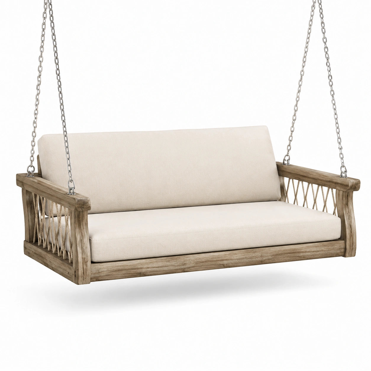 Balancelle en bois avec coussins en tissu beige