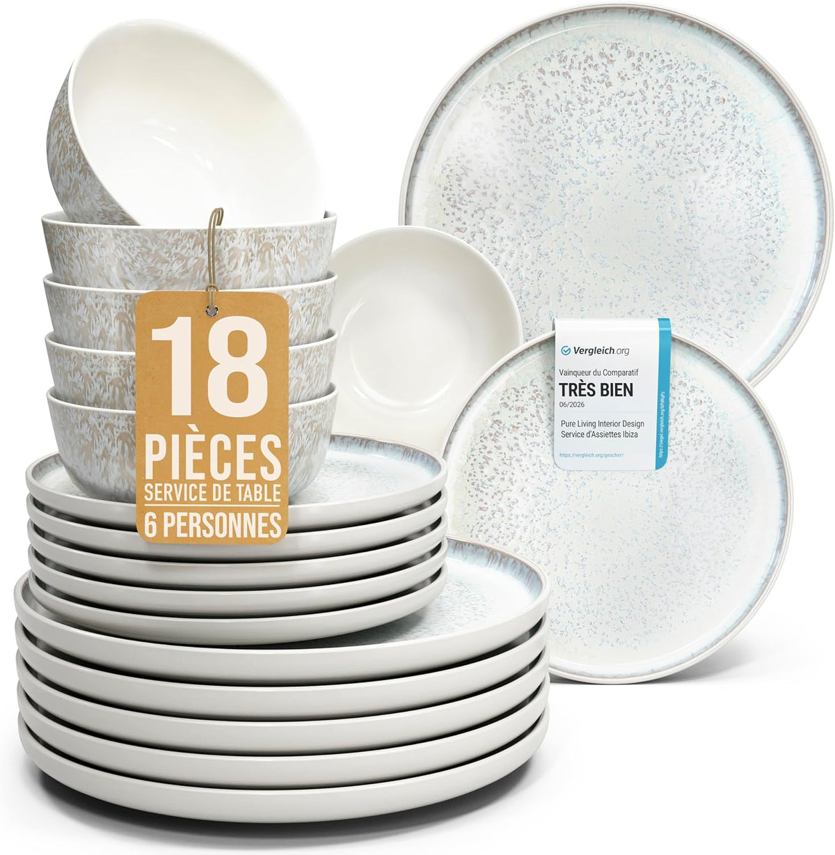 Lave-vaisselle, 18 pièces pour 6 personnes, PURE LIVING INTERIOR DESIGN, Service de table en grès Ibiza, Vaisselle méditerranéenne Pure Living
