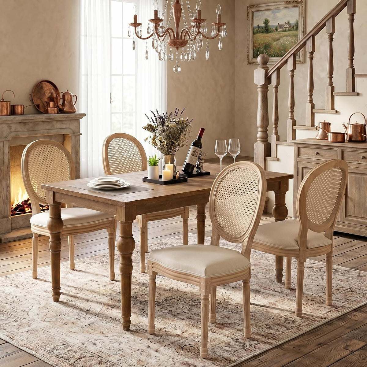 Chaise, 49 cm, réglable, SoarFlash, 59.5 cm, 95 cm, Lot de 4, Dossier Rond en Rotin, Beige