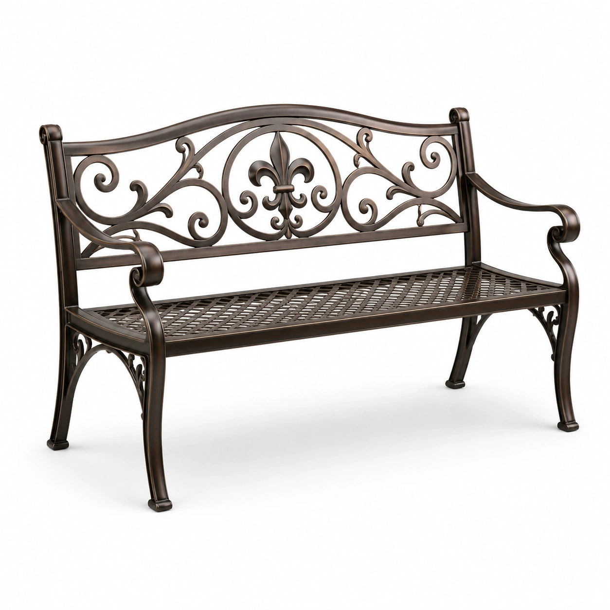 Banc de jardin en métal brun avec motif décoratif en acier