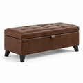 Banc de rangement en cuir synthétique marron avec pieds en bois