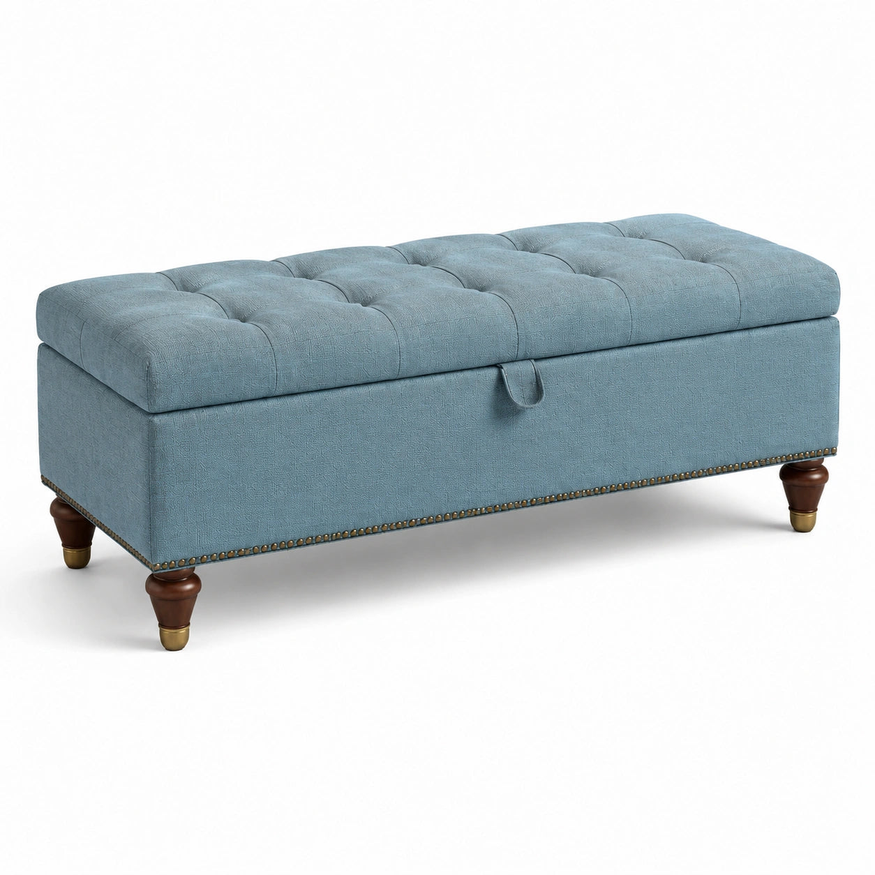 Banc de rangement en tissu bleu avec pieds en bois