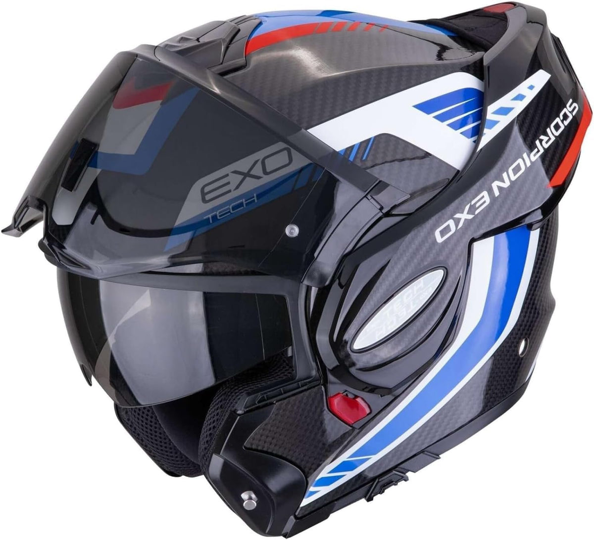 Casque modulables, Scorpion Casque MODULABLE 180° EXO-Tech Evo Carbon Solid Cosy Noir Bleu Rouge
