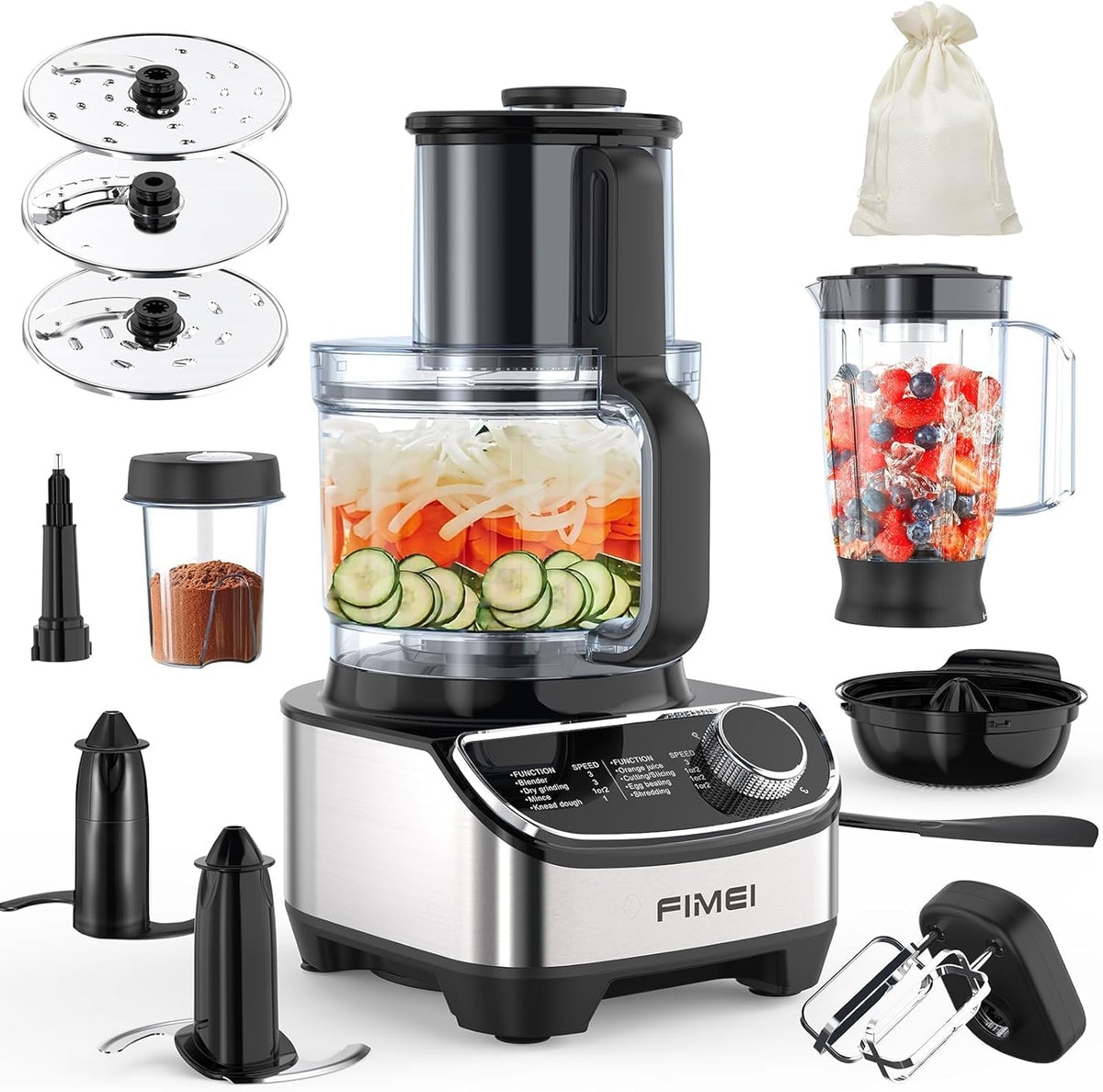FIMEI Robot multifonctions, 1300 W, Robot de Cuisine Multifonction 1300 W, 3, 5 L, 1, 5 L, 2, 4 L, 3 vitesses, Hachoir 3, 5 L et Blender 1, 5 L