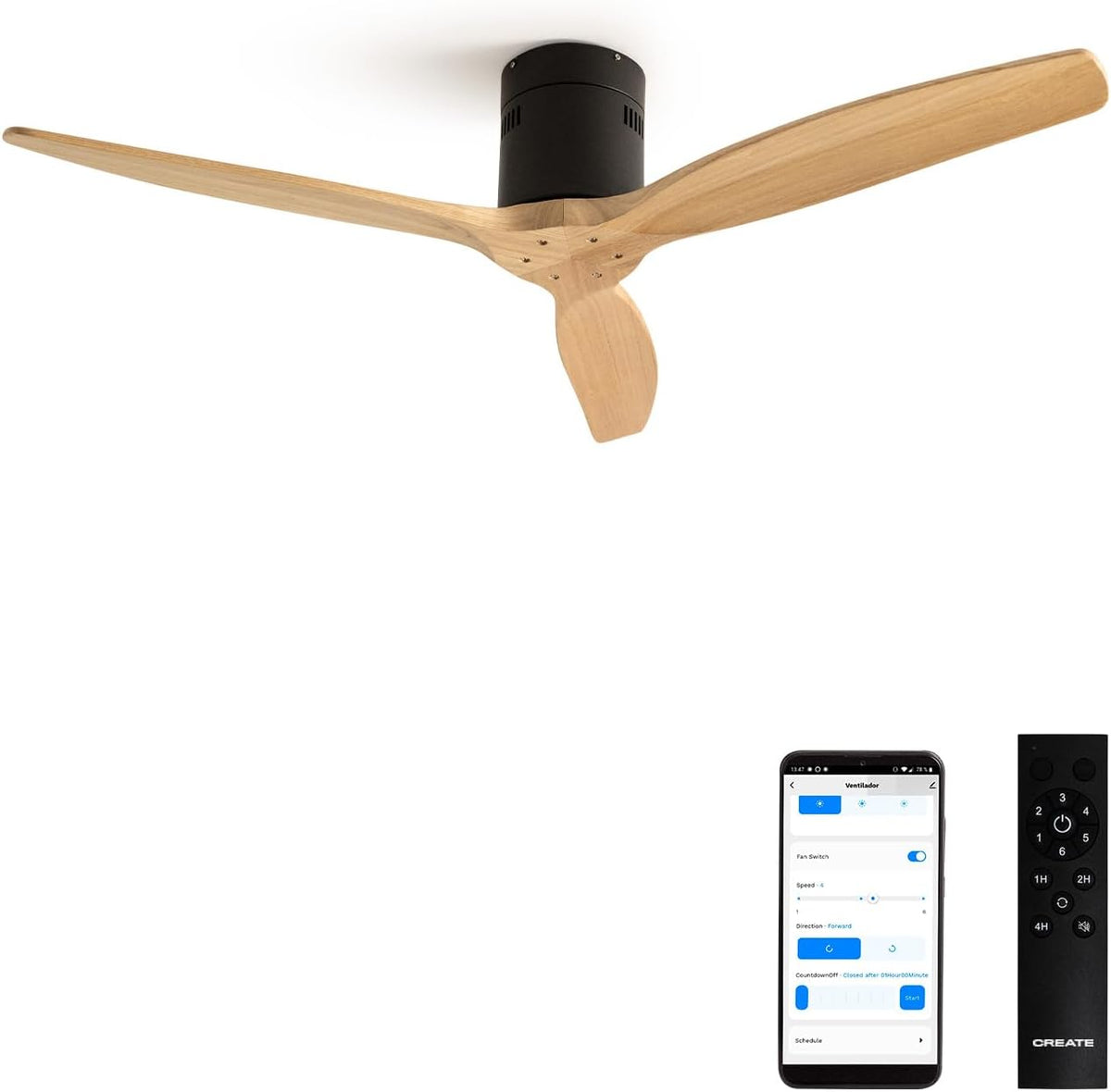 CREATE Ventilateur de plafond, 6 vitesses, télécommande, 132 cm, 40W, Wi-Fi, éclairage LED, minuterie, portable, silencieux
