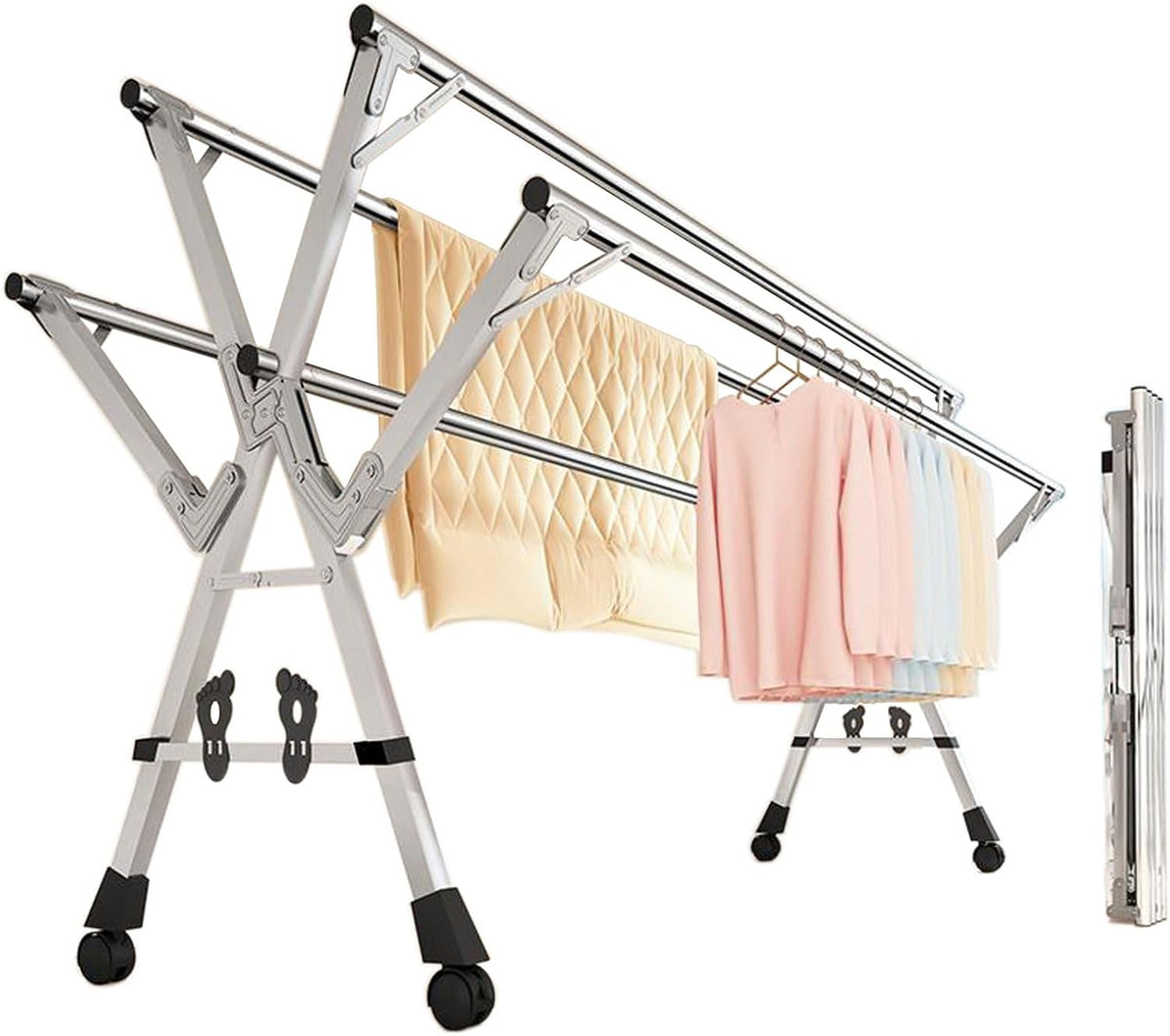 YSUEFIJO Étendoir, pliable, acier inoxydable, 240cm, Clothes Rack 5 Canne Grand Espace, réglable, Sechoir a Linge Pliable, Séchoir Sur Roulettes