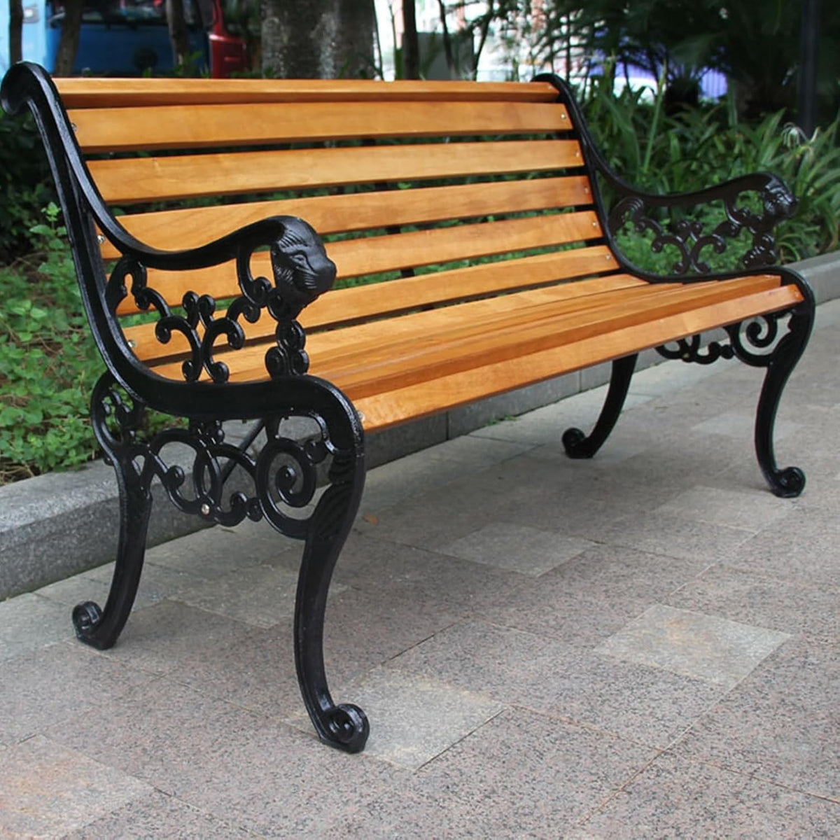 Banc, siège en bois, patio en fer forgé avec dossier et accoudoirs, mobilier d'extérieur pour pelouse, cadre en fonte, parc et terrasse