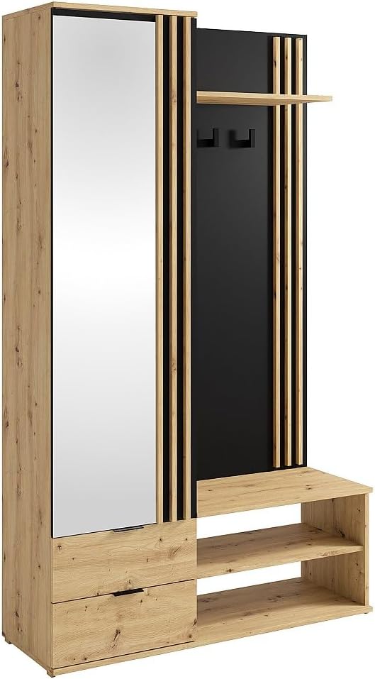 Vente-unique Vestiaire avec Miroir et, 1 porte, Naturel et Noir, JANAKIA