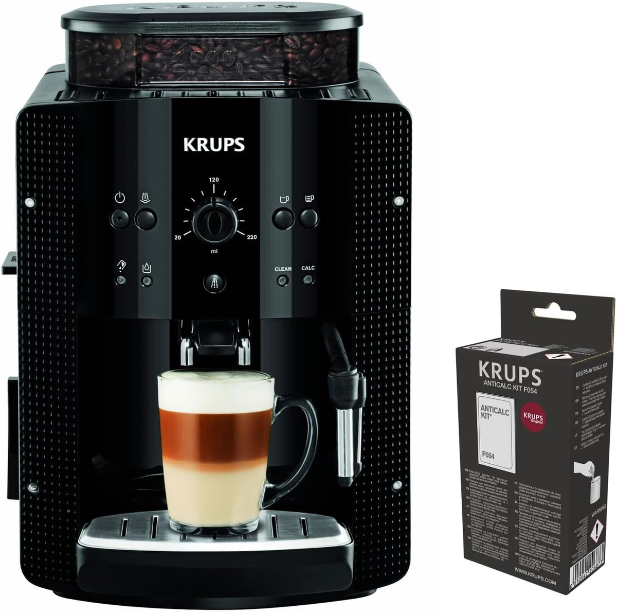 Machine à café KRUPS EA8108OM, éclairage LED, 1, 7 l, 3 niveaux, réglable, Essential Mécanique noire + Kit détartrant, Mousseur à lait
