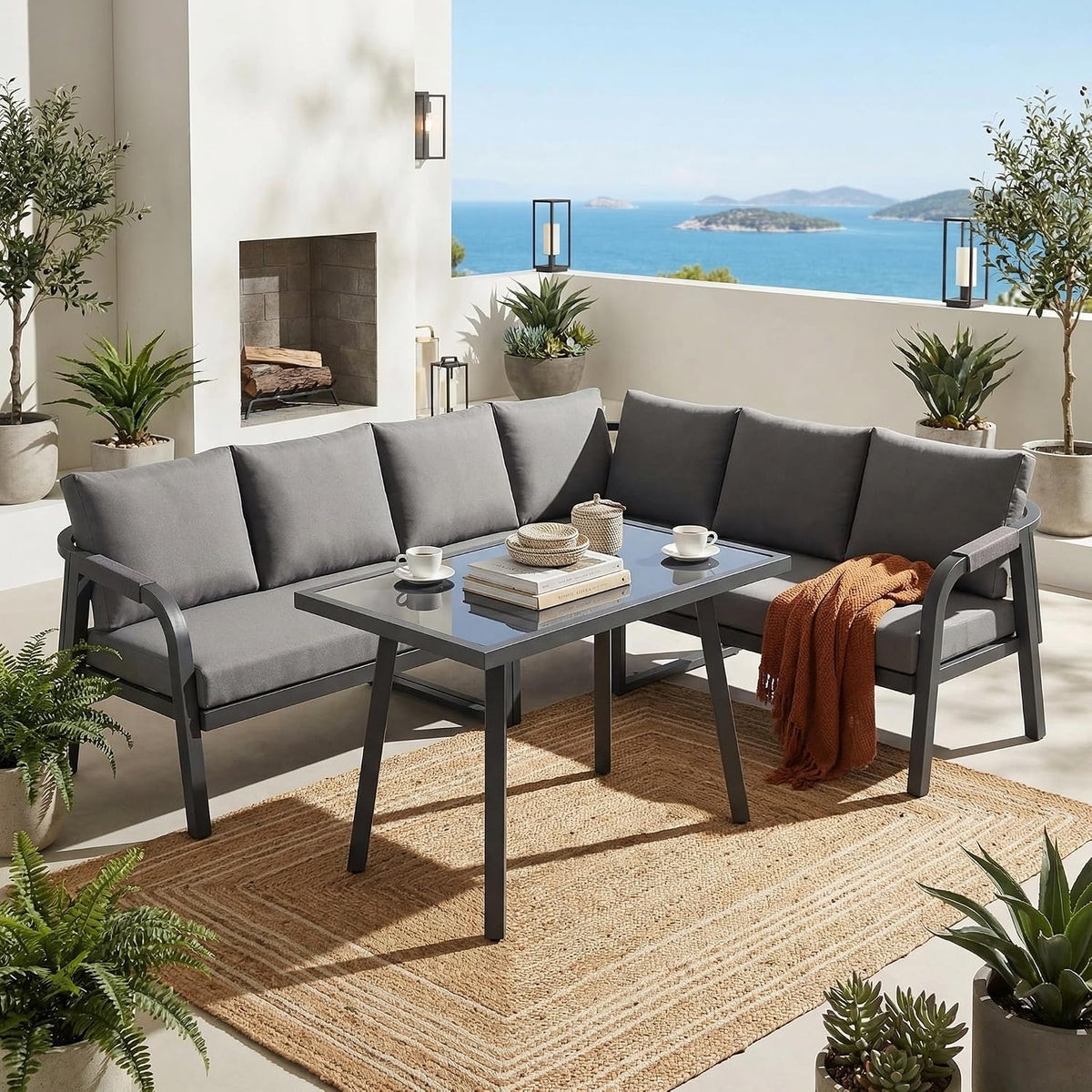 Canapé, Acier galvanisé, 3 cm, avec accoudoir et Dossier en Corde tressée, Salon de Jardin pour 6 Personnes, Sapgaks, Gris, verre