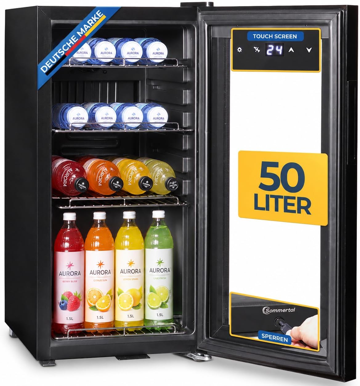 Sommertal Réfrigérateur, 50L, éclairage LED, acier inoxydable, 10°C, 2 °C, 4 étagères, 6 étagères, réglable, commande tactile, verre