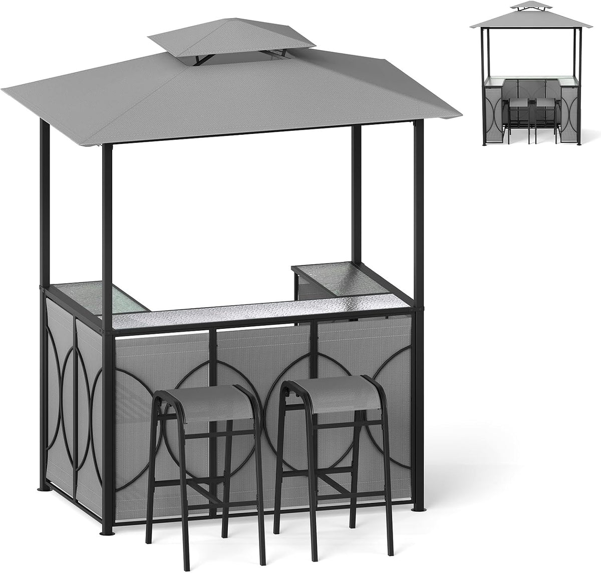 GOPLUS bar, Abri de Grill à Double Toit pour Jardin, Gris-1, verre, 194 × 121 × 242CM, 2 Tabourets, fonction gril, Porte-Verres