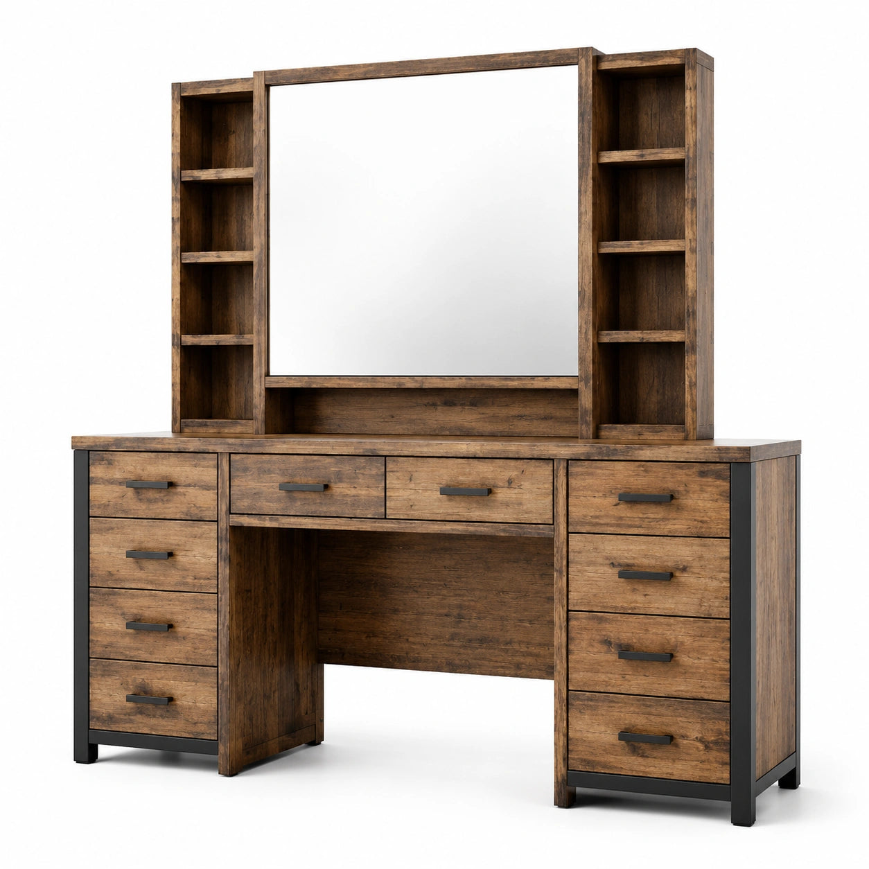 Coiffeuse en bois et métal avec miroir et étagères latérales