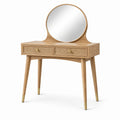 Coiffeuse en bois avec miroir rond en chêne et rotin