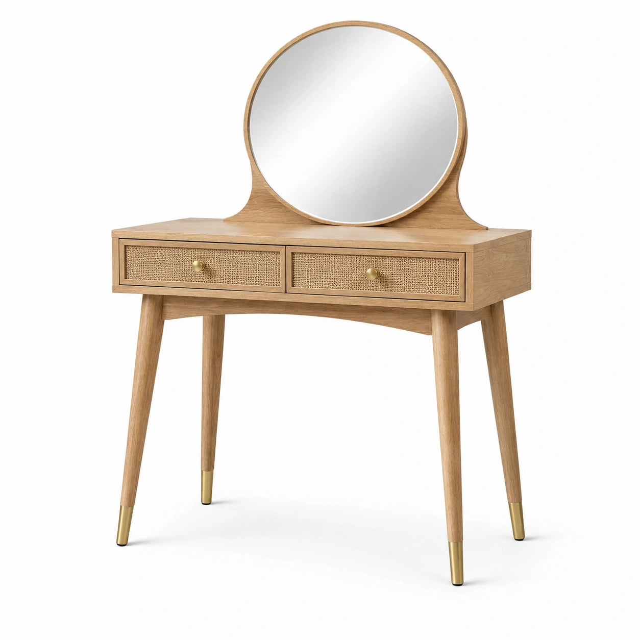 Coiffeuse en bois avec miroir rond en chêne et rotin