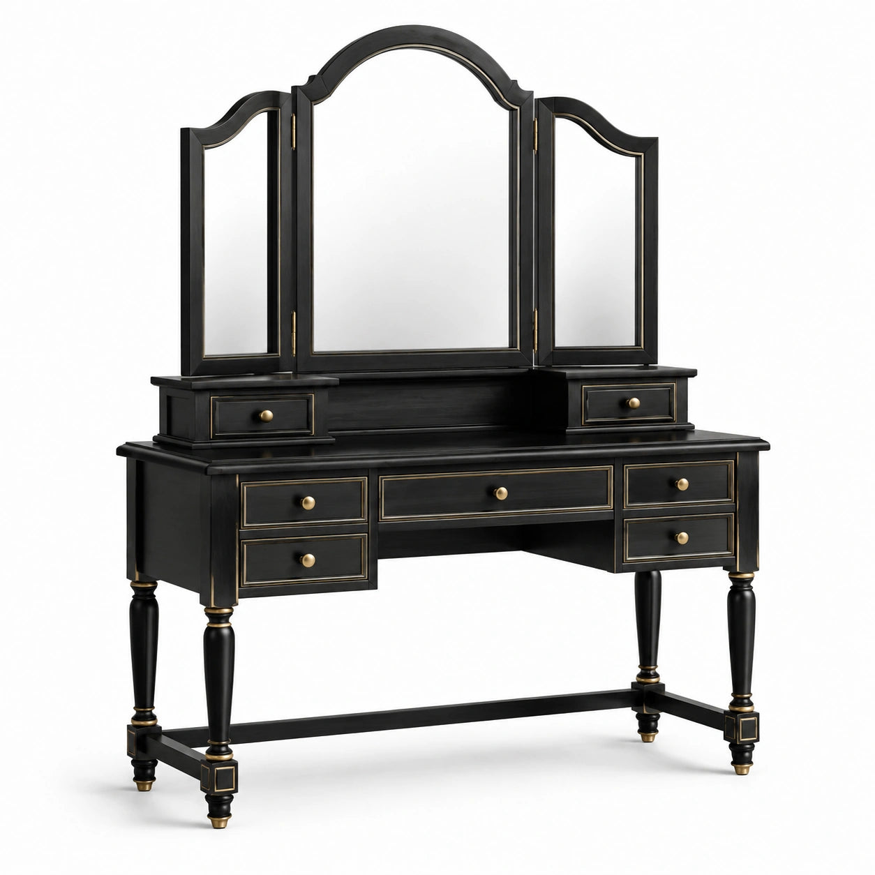Coiffeuse en bois noir avec miroirs triptyques et tiroirs