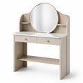 Coiffeuse en bois avec miroir rond et plateau en marbre blanc