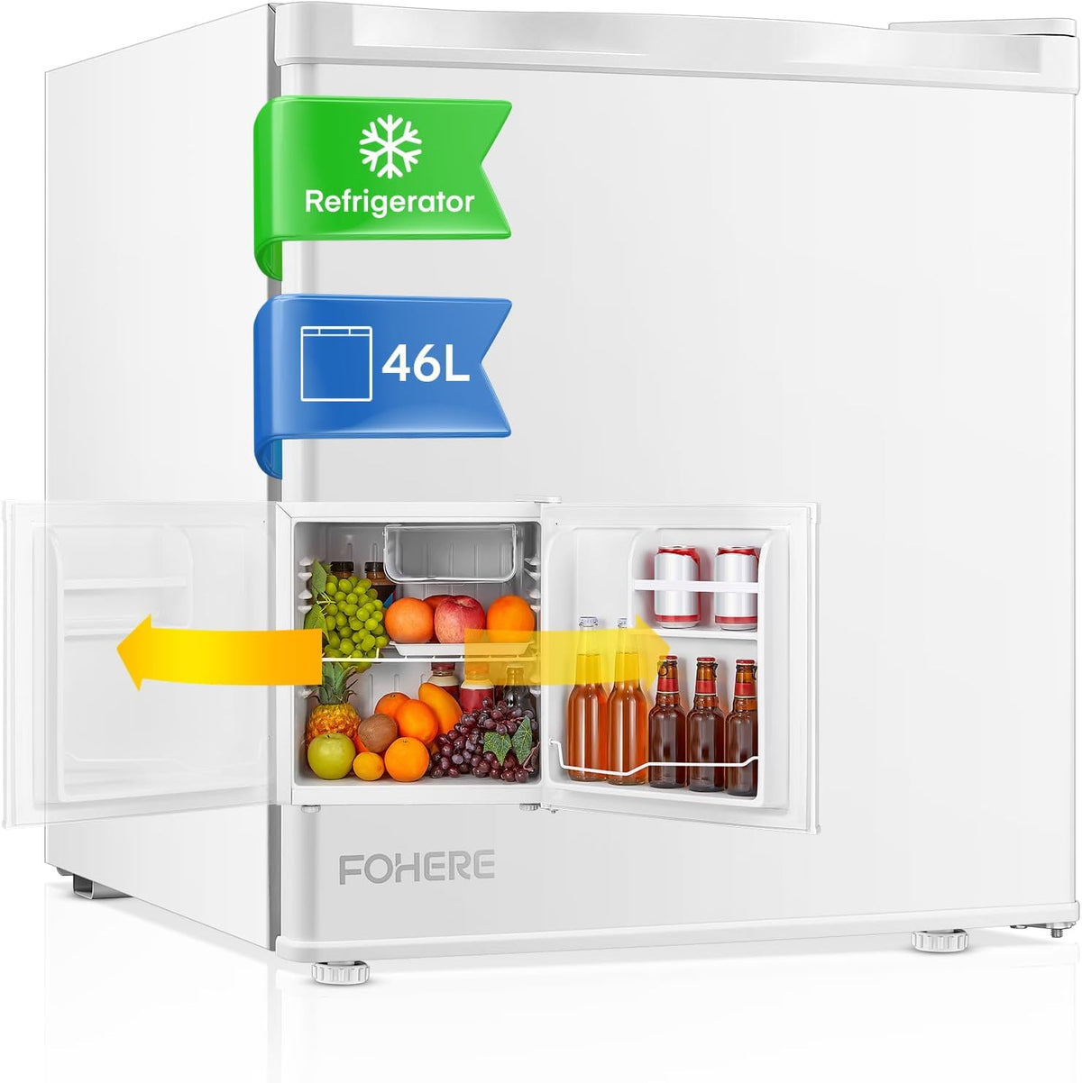 FOHERE Mini réfrigérateur, 42 dB, réglable, Mini Frigo de Chambre, 50 × 48 × 45 cm, 51 cm, 7 niveaux, 46L, Blanc, porte réversible