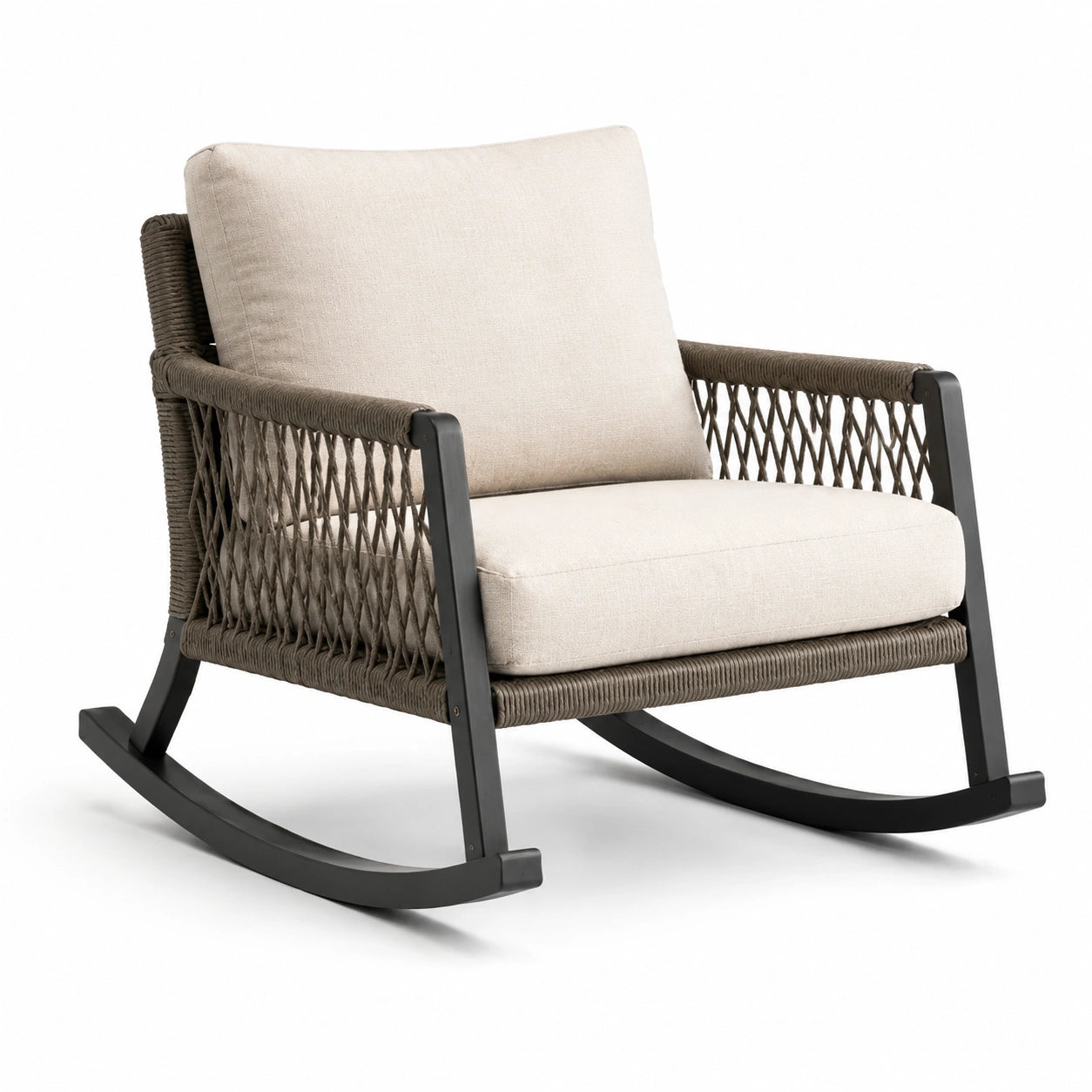 Fauteuil à bascule en aluminium et corde avec coussins en tissu polyester beige