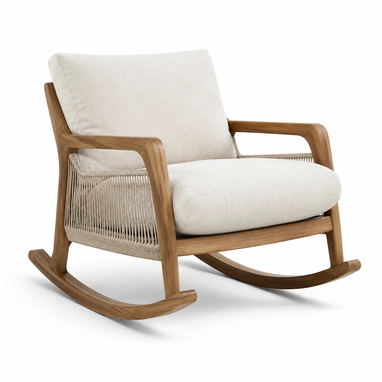Fauteuil à bascule en bois de teck avec coussins en polyester beige