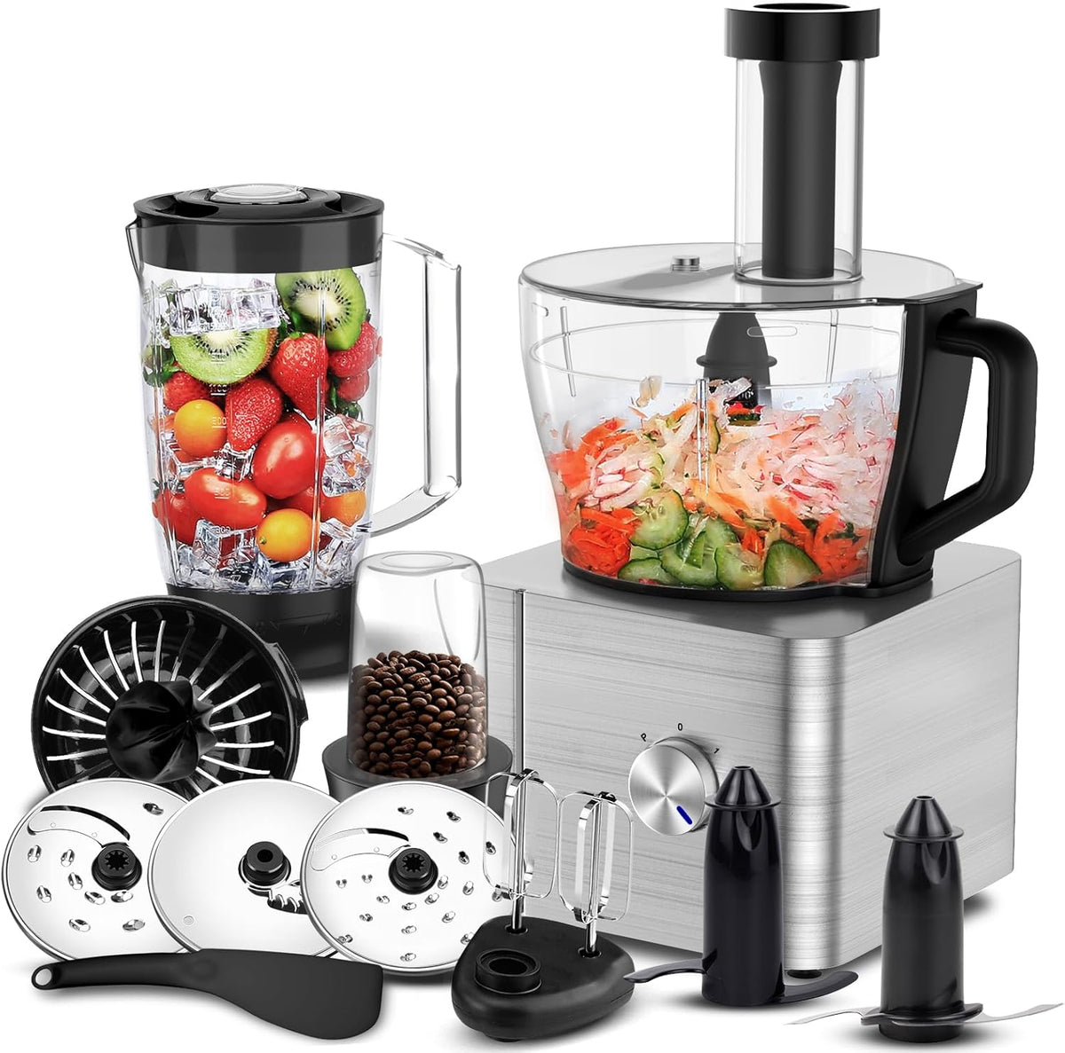 Robot multifonctions SNDOAS, 1100 W, 3.2 L, 1.5 L, 3 modes, 3 vitesses, 1100 W Robot Culinaire, Bol Mélangeur 3.2 L, Robot Mixeur 1.5 L, Argent