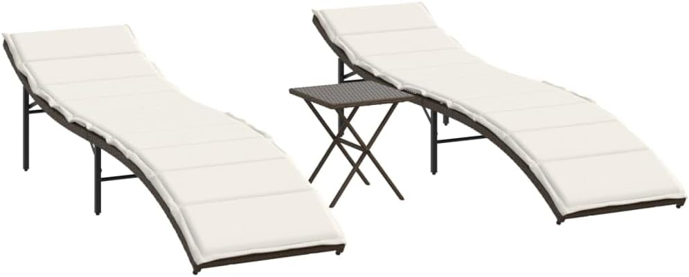 Bain de soleil, 55 × 199 cm, Lot de 2 chaises longues avec table en rotin synthétique Marron, fsahslih, 35 × 35 cm, 55 × 199 × 50 cm, 3 cm