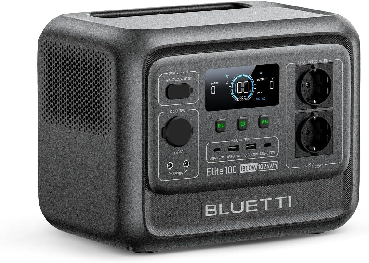 BLUETTI Groupe éléctrogènes, 1024Wh, 1800W, 2700W, 17L, 1000W, 1200W, 30dB, 600W, 448W, Elite 100 V2 1024Wh & 1800W Générateur Électrique portable