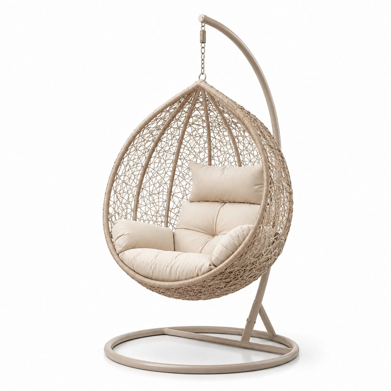 Chaise suspendue en rotin synthétique avec coussins beige
