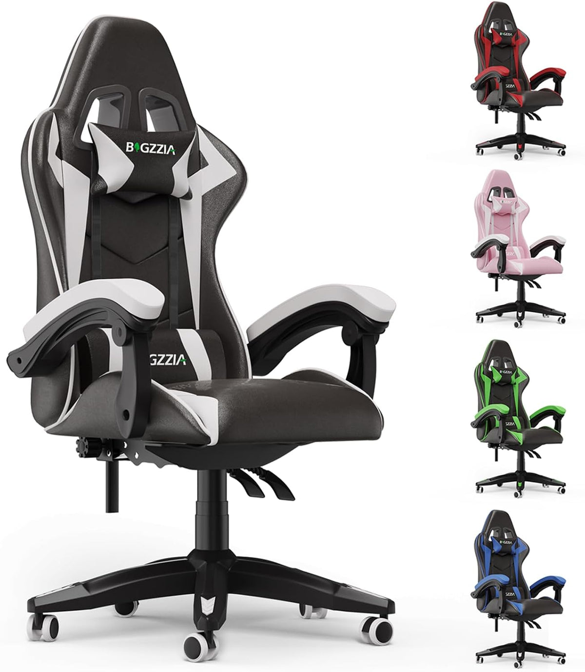 Chaise, réglable, Fauteuil Gamer Confortable pour Adultes, bigzzia, éclairage LED, Hauteur Réglable, avec Coussin Lombaire et Appui-Tête, Blanc