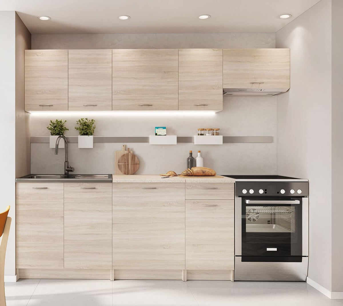 Rangement sur pied, Cuisine complète Mila 7 éléments Couleur chêne Sonoma avec Plan de Travail Inclus, PEGANE, 240 cm, 28 mm, 82 cm, 85 cm