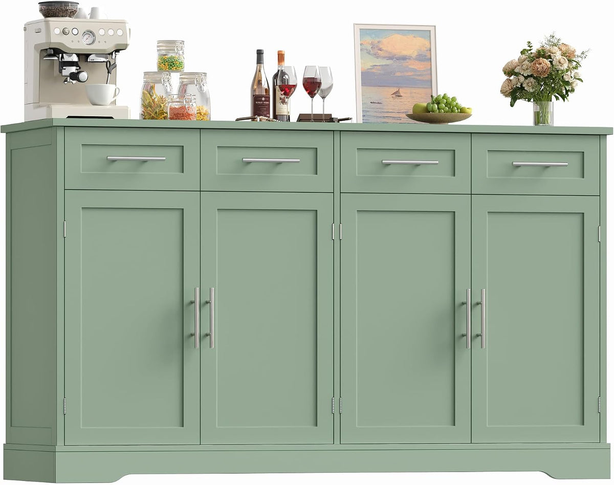 Buffet, 150 cm Meuble Cuisine avec 4 Tiroirs 4 Portes, HOCSOK, 150 × 40 cm, 150 × 92 × 40 cm, Vert