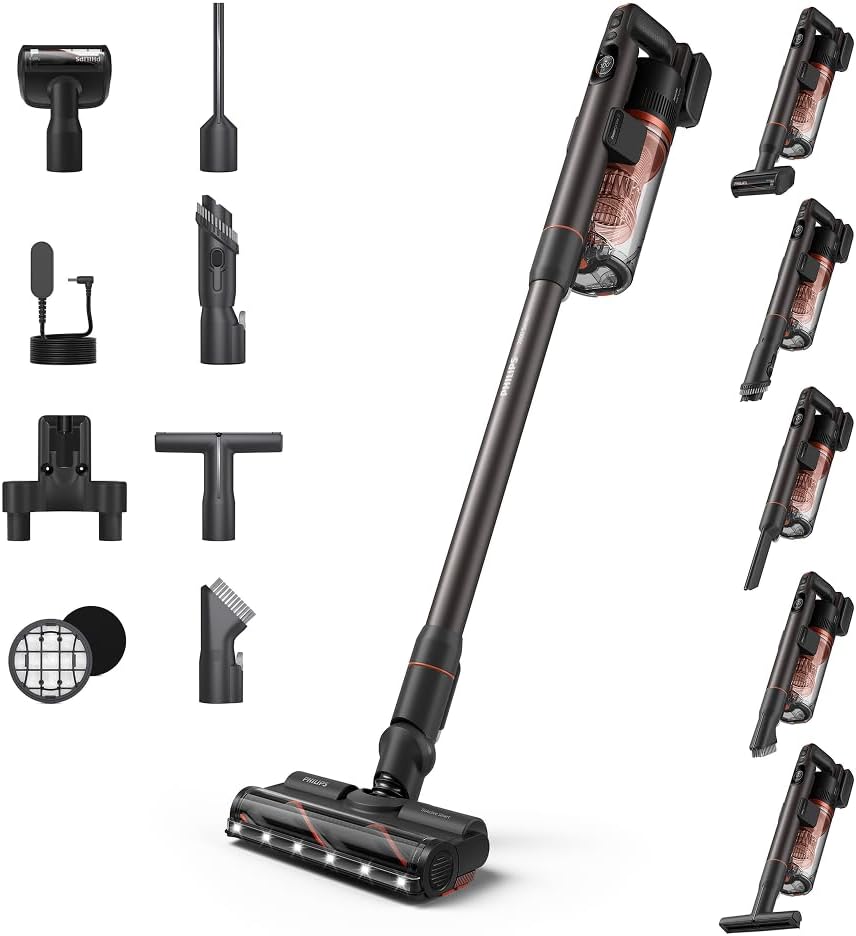 PHILIPS 80mins XC7065 Aspirateur, 0 MM, pour Poils d'animaux, 4 Accessoires à LED, Léger, Aspiration Balai Puissant à 360°, Max. 80mins