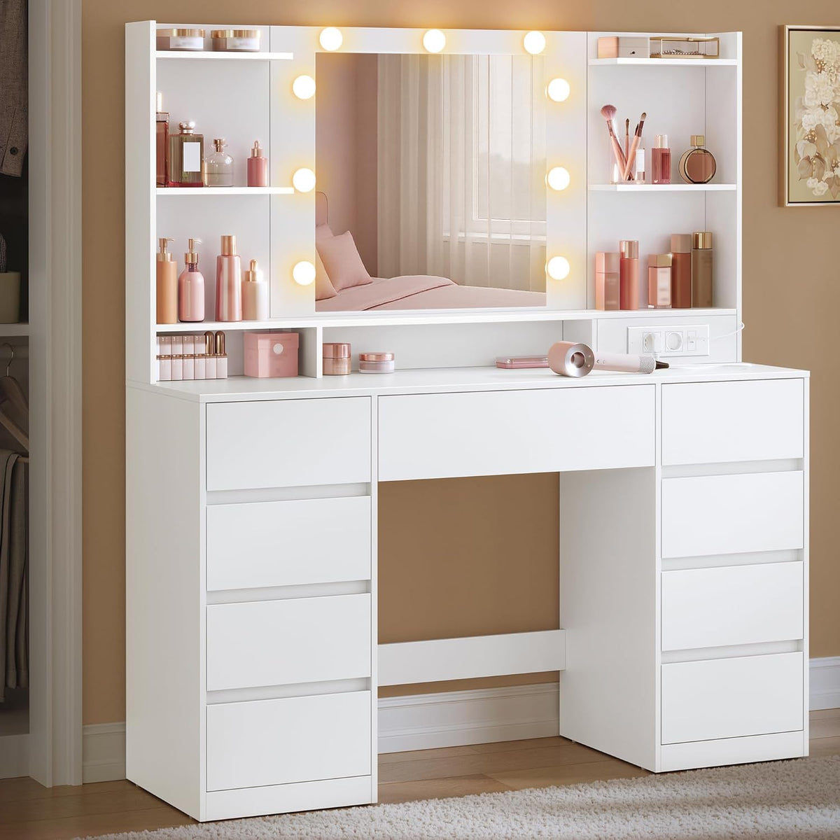 Coiffeuse, éclairage LED, 107 cm, VASAGLE, Blanc Nuage RDT141WB02, 9 Tiroirs, 9 Ampoules, Éclairage 3 Couleurs, réglable, Kailyn Collection