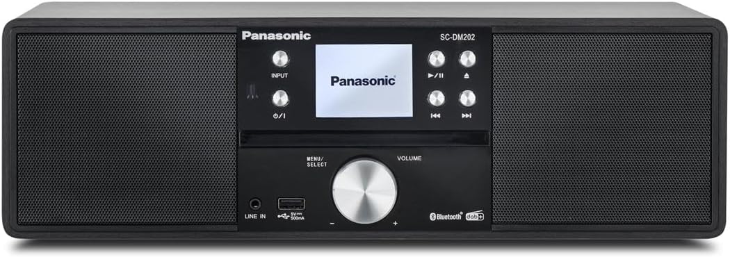 Chaîne Hi-Fi, télécommande, 2, 4 pouces, Panasonic, SC-DM202EG-K, Ecran LCD TFT 2, 4', Bluetooth, USB et Bluetooth, Noir., Radio Dab+/FM, Réglages EQ