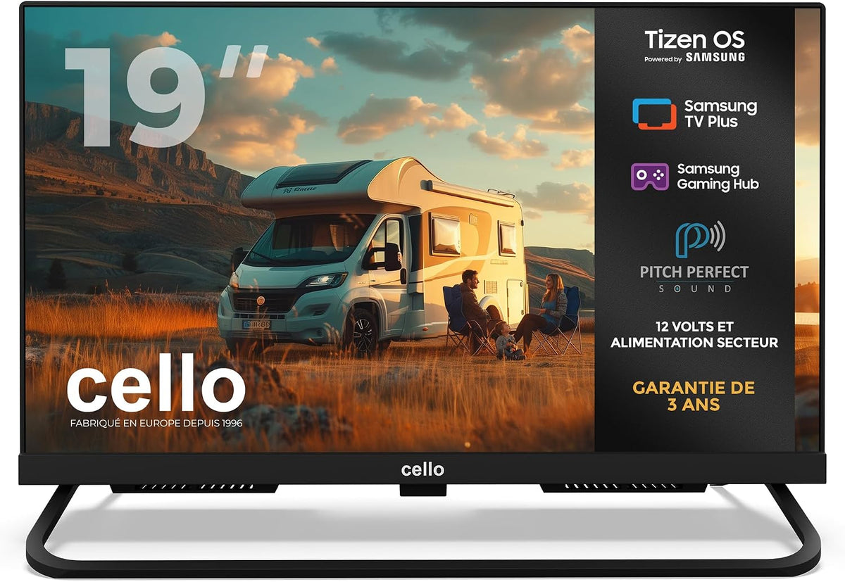 Cello CTRAV-19TZ Téléviseur, 32 pouces, Bluetooth, 12V, éclairage LED, Tizen, Tizen OS de Samsung, Gaming Hub, Haut-parleurs Pitch