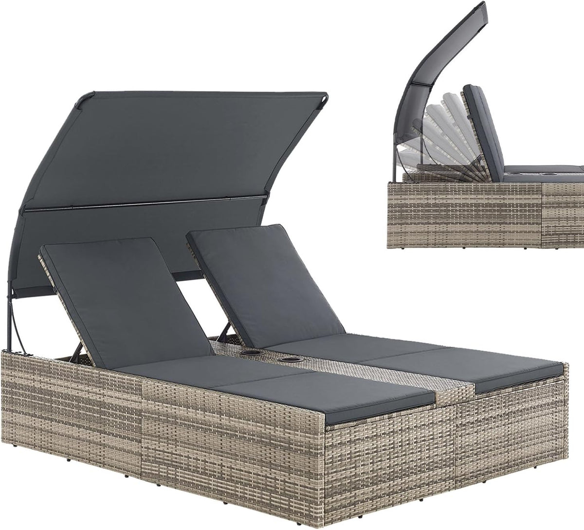 Bain de soleil, Transat de Jardin pour 2 Personnes, réglable, 2 porte, Juskys, Chaise d'extérieur avec auvent et Coussins, Appuie-tête réglable