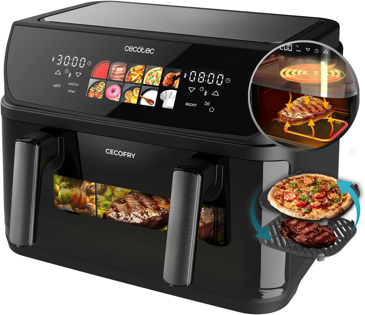 Friteuse sans huile, 10 L, Température Réglable 40-200°C, Cecotec, 2800 W, Friteuse à air Cecofry&Grill Duoheat 10000. 2800 W, 10 Menus.