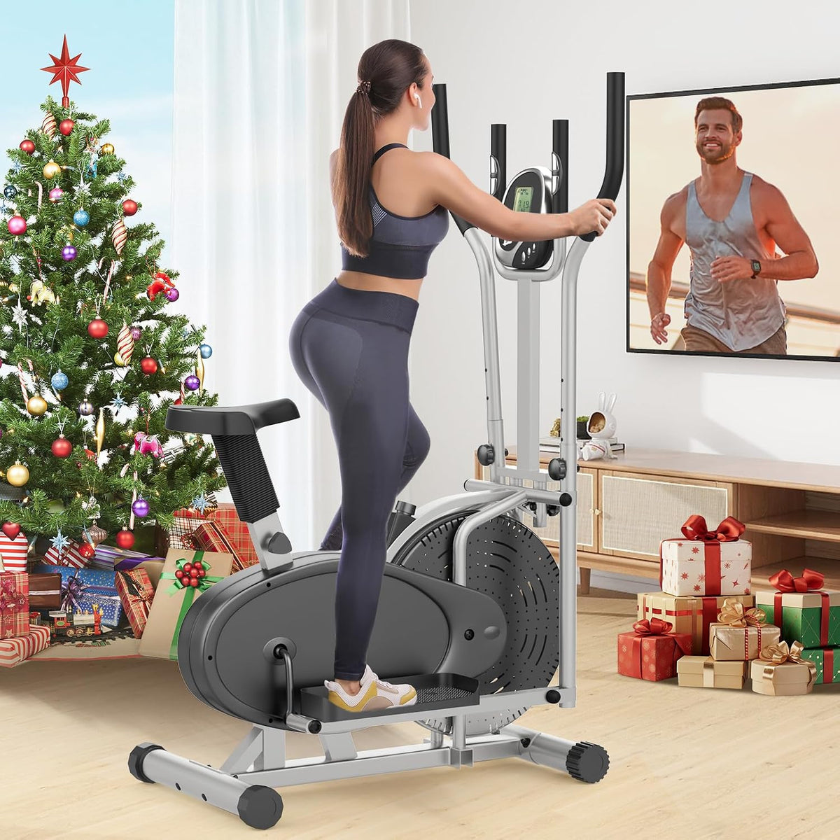Cowmew Moniteur PC, 2 en 1 Crosstrainer & Vélo d'exercice avec Siège, Vélo elliptique, réglable, Résistance Réglable, Pédale Antidérapante