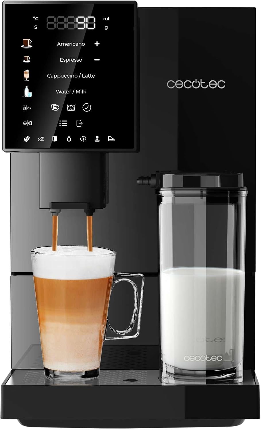Machine à café Cecotec 150gr, Grains de café fraîchement moulus avec prêt à l'emploi, 1, 1 L, 400 ml, 5 niveaux, 1, 1 L d'eau, 400ml, 400ml de lait