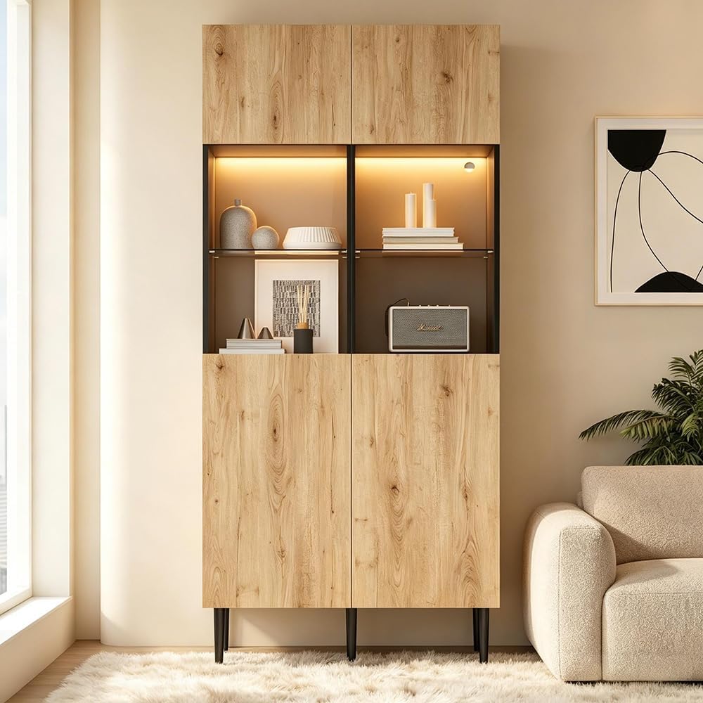 Buffet, verre, 80 × 35 × 180 cm, éclairage LED, Sweiko, 8 étagères, 2 portes, réglable, Meuble Vitrine avec Rangement & LED, portable