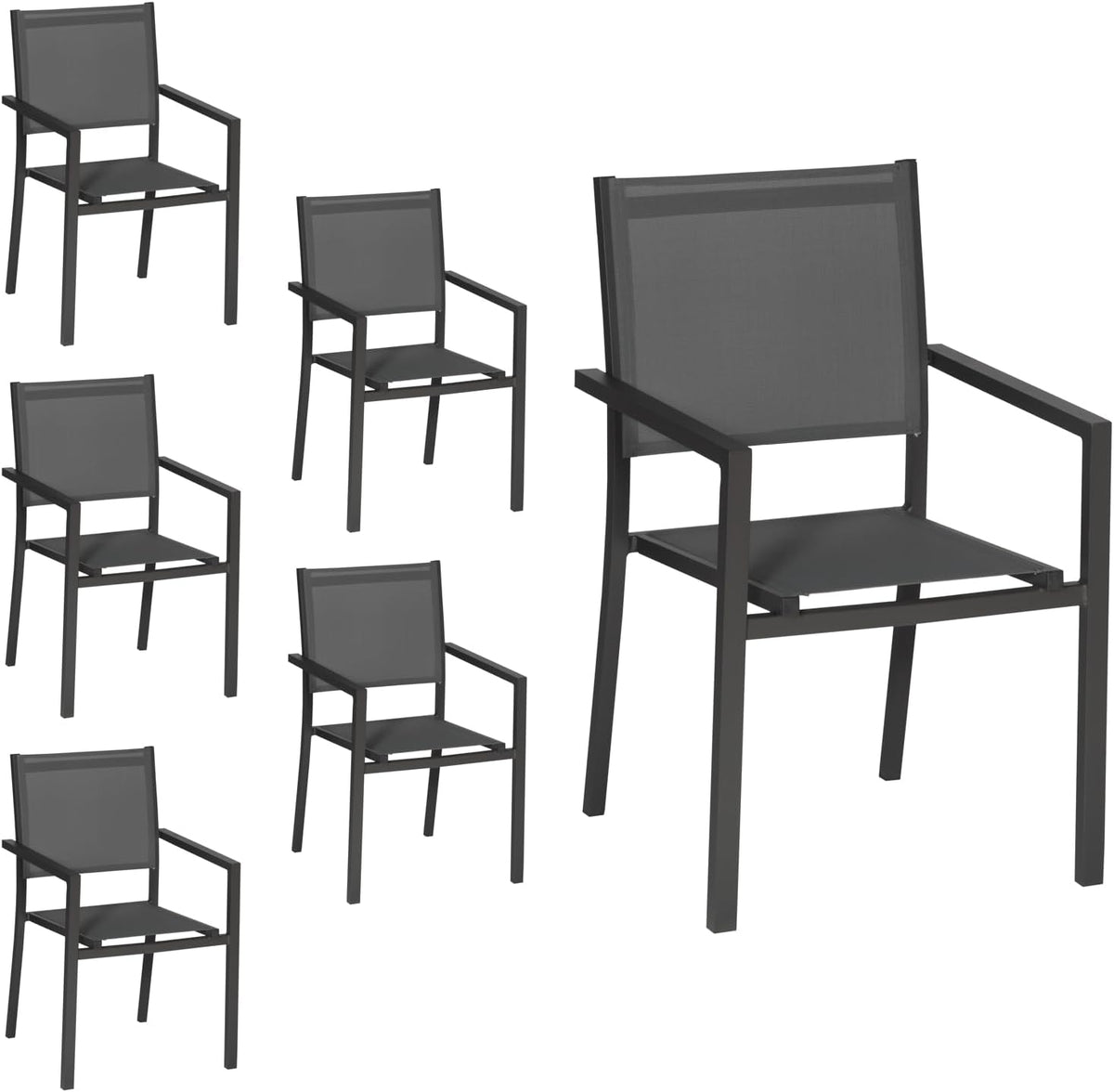 Chaise de jardin, Lot de 6 chaises empilables en Aluminium Anthracite et textilène Gris, Happy Garden, 89, 5cm, 44cm, 63, 5cm, 0, 1cm, 120kg