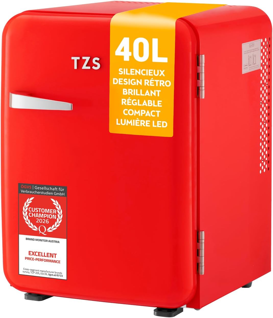 Mini réfrigérateur TZS First Austria, Petit Minifrigo design vintage avec lumière intérieure et 2 compartiments de porte, 40 L, 40L, 22dB, réglable